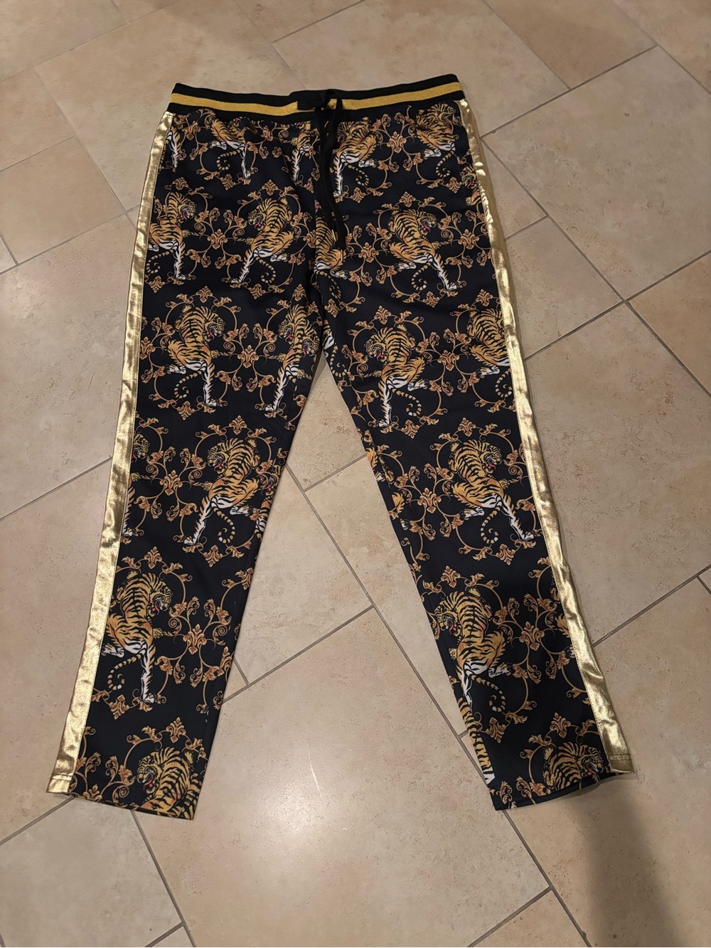 Men's Black & Gold Tiger-Print Drawstring Cotton Blend Track Pants 3XL
